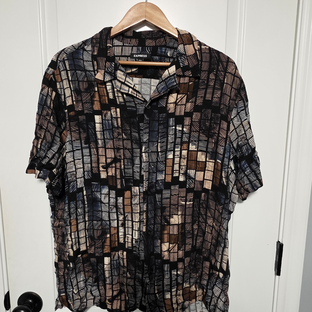 Express Men's Short Sleeve Geometric Patchwork Shirt - Black, Brown & Blue